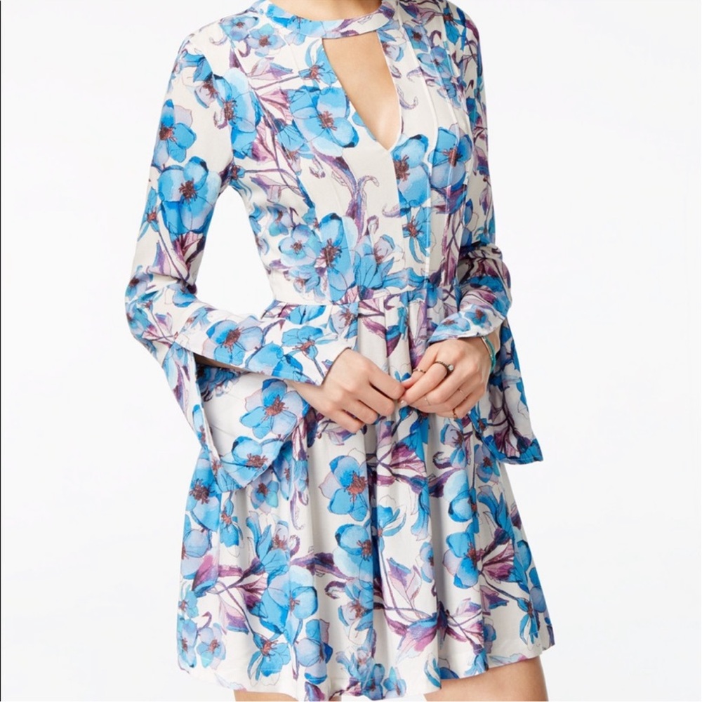 Free People Tegan long sleeve mini dress in a blue and white floral print